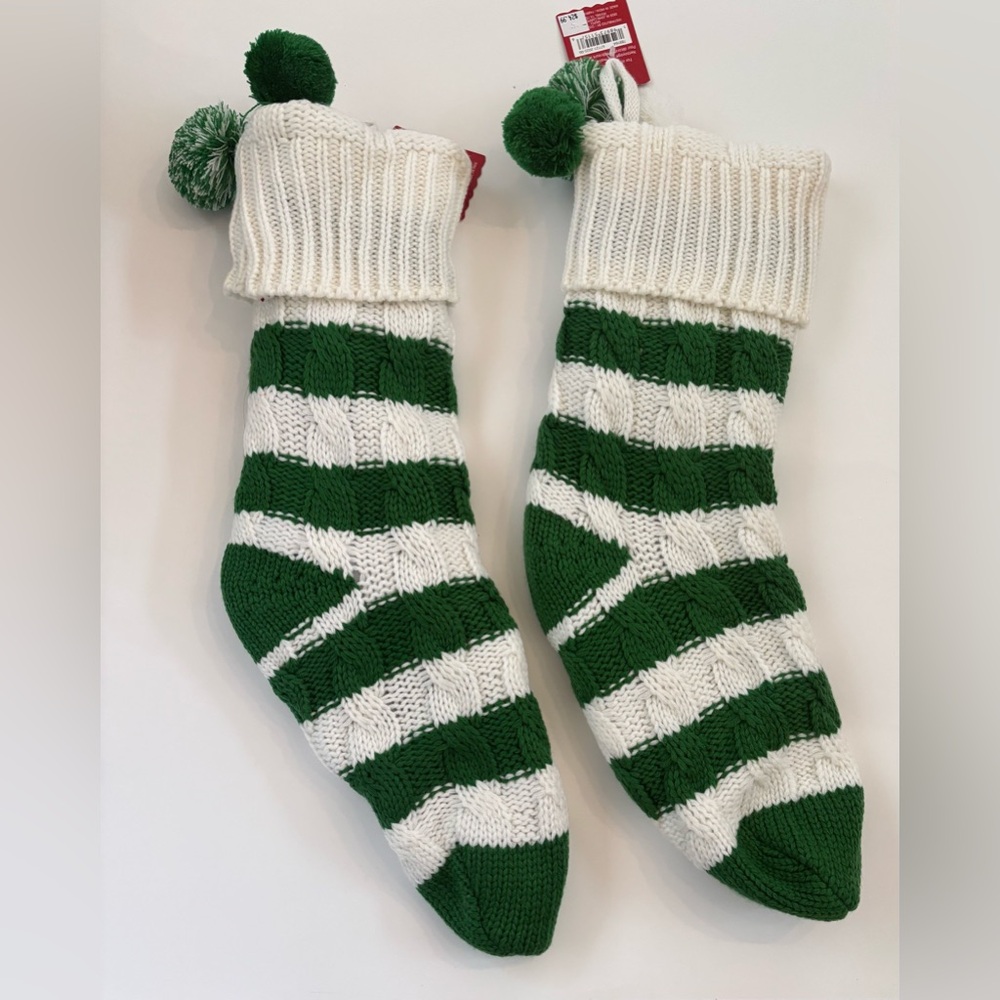 Cable knit chunky Christmas stockings (2) large 21 in NEW NWT green white stripe - Picture 7 of 8